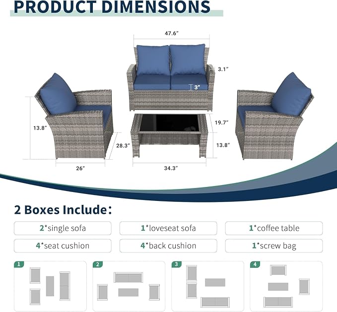 UDPATIO Patio Furniture Set, Outdoor Furniture Sets with Loveseats Sofa, Wicker Rattan Outdoor Conversation Set with Storage CoffeeTable for Backyard, Deck, Porch, Grey/Navy