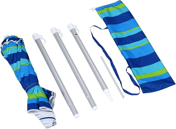 6.5ft Beach Umbrella with Tilt Pole, Portable Sand Anchor and Carry Bag, UPF 50+ Sun Shelter Air Vents, Perfect for Beach, Camping, Sports, Pool,Gardens and Balcony,CH-1503 Blue Multi Stripe
