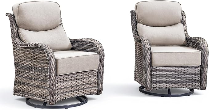 Luxury Wicker Patio Furniture Set-High Back Outdoor Swivel Chairs Set of 2 with 6" Thick Cushions Wide Armrest All Weather Patio Conversation Sets for Deck Porch Balcony(Grey/Beige)