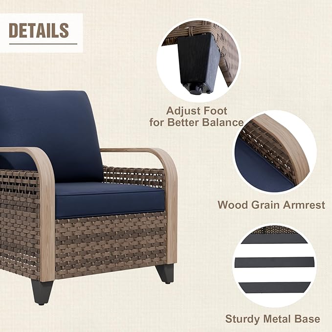 Modern Wicker Patio Furniture Set, Rattan Outdoor Conversation Set with Comfortable Cushions, 2 Patio Chairs, 3 Seat Couch and 2 Ottomans, 5 Pieces, Brown/Blue