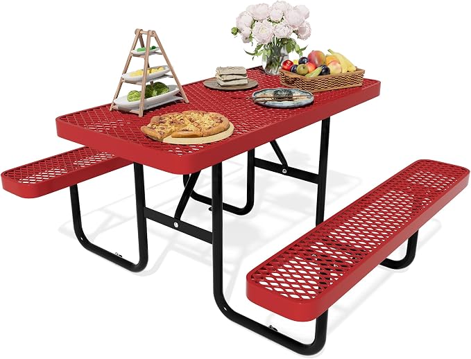 Picnic Tables for Outdoors,Commercial Metal Picnic Table Bench Set with Umbrella Hole,School Canteen Tables W/Seats - Heavy Duty Sturdy Picnic Tables Furniture for Patio Garden (Red, 6FT)