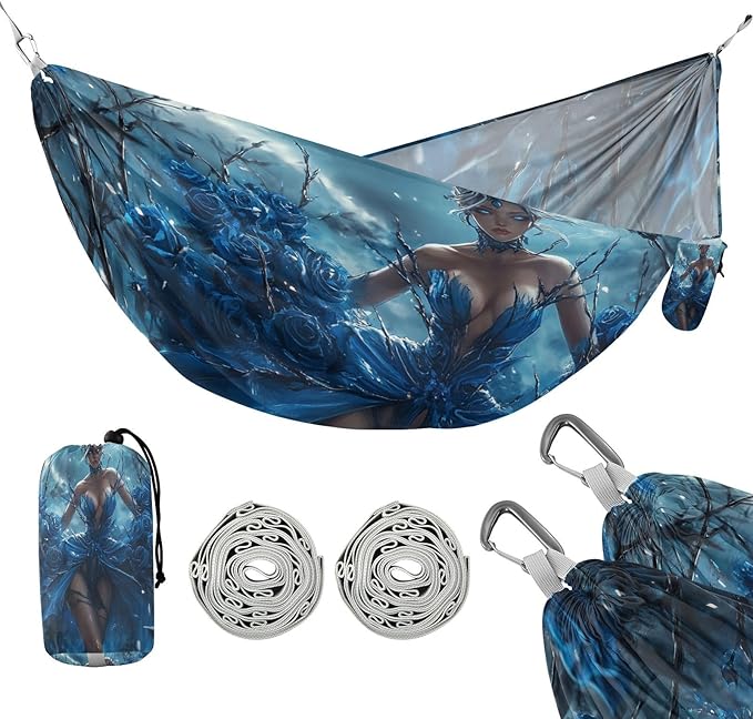 Anime Beauty Blue Rose Dark Gothic Outdoor Hammock Foldable Indoor Hammock for Outside Beach Patio Garden