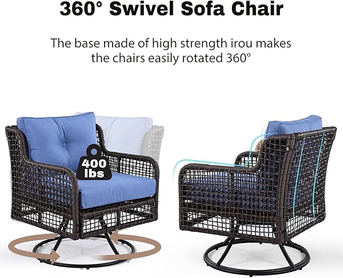 4 Pieces Patio Furniture Set with Swivel Chairs, Outdoor Metal Conversation Set Sectional Rattan Sofa Couch for 5-Person, for Deck, Lawn, Balcony, Porch, Blue