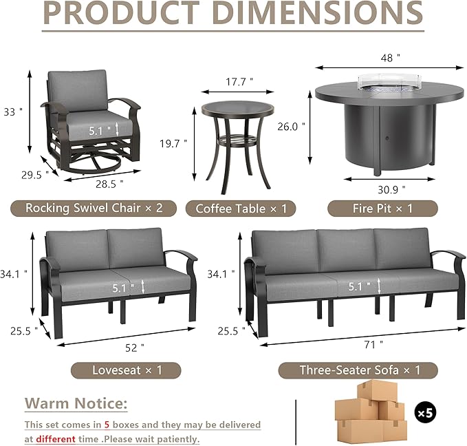 ALAULM Aluminum Patio Furniture Set with 40,000 BTU Round Propane Fire Pit Table 7-seat Metal Outdoor Furniture w/ 2 Swivel Chairs Patio Sectional Sofas for Patio, Lawn, Poolside（Grey