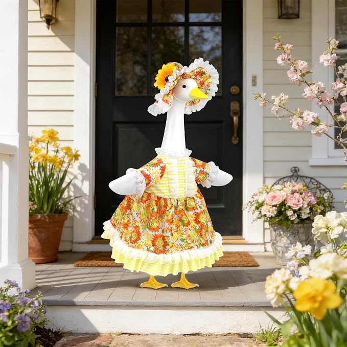 Spring Porch Goose Outfit, Sunflower Goose Outfits Fits 17-23 In Statue | Summer Goose Clothes with Hat for Outdoor Yard Lawn Patio Plastic Cement Decor