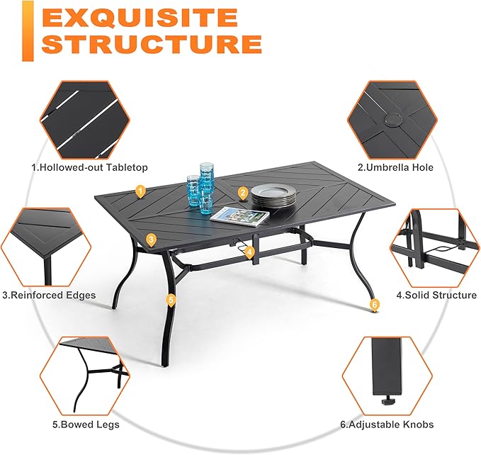 NUU GARDEN 7 Piece Outdoor Dining Set, 6 All Weather Padded Textilene Patio Chairs and 61" Rectangular Dining Table with 1.77" Umbrella Hole, for Garden, Patio, Light Grey and Black