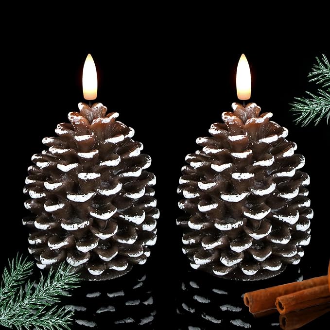 LED Flameless Pinecone Candles with 6H Timer, Waxy Pillar Candles, Christmas Candle 2 Pack Flickering Acorn Decor Woodsy for Fall Christmas Decor(Brown, 3.5 x 6 Inch)