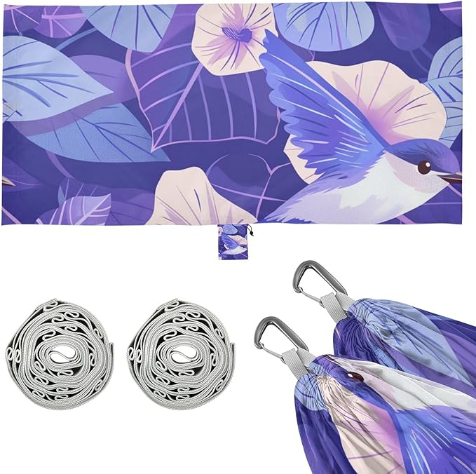 Cartoon Purple Morning Glory Flowers Birds 330lb Capacity Hammocks for Camping with Portabl Carry Bag Hanging Hammock for Patio Backyard Lounge Base jamaca para Patio