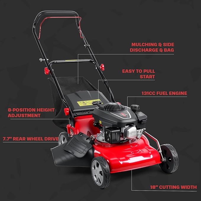 21-Inch Gas Lawn Mower Self Propelled, 131cc 3 in 1 Push Mower Gas Powered, 50L Grass Catcher Big Wheels for Slopes Red