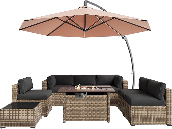 Aoxun Patio Furniture Sets, 9-Piece Outdoor Patio Furniture with 44'' Propane Gas Firepit Table and 11FT X 11FT Cantilever Umbrella, Wicker Outdoor Conversation Set for Backyard