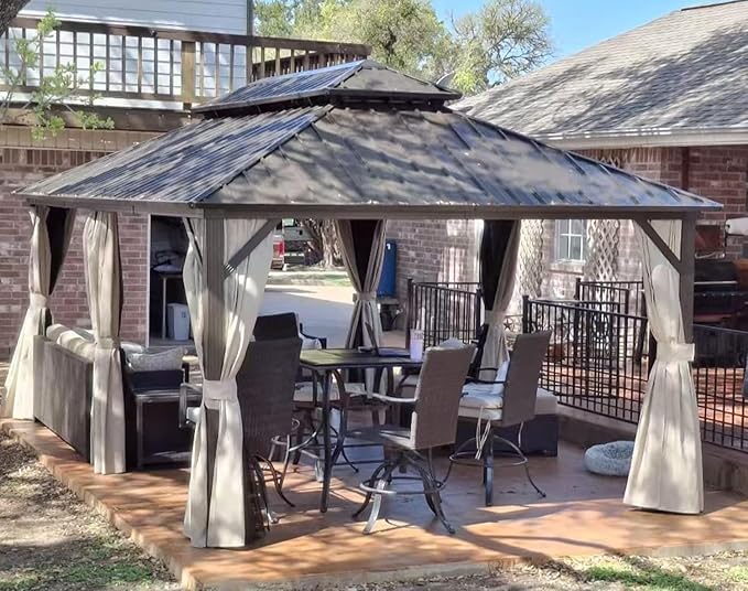 PURPLE LEAF 12’ X 20’ Outdoor Hardtop Gazebo Metal Frame Galvanized Steel Double Roof with Curtains and Nettings for Patio Desk Backyard Bronze