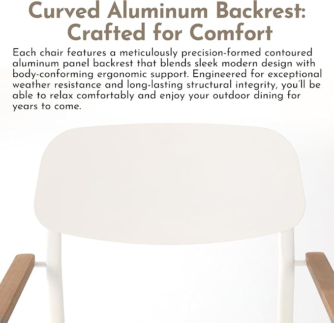 Modern Shade Lusso Outdoor Dining Chairs Set of 2, Fade Resistant, All-Aluminum Outdoor Chairs with FSC Teak Wood Armrests, Weather-Resistant Patio Chair with Quick Dry Cushion, White