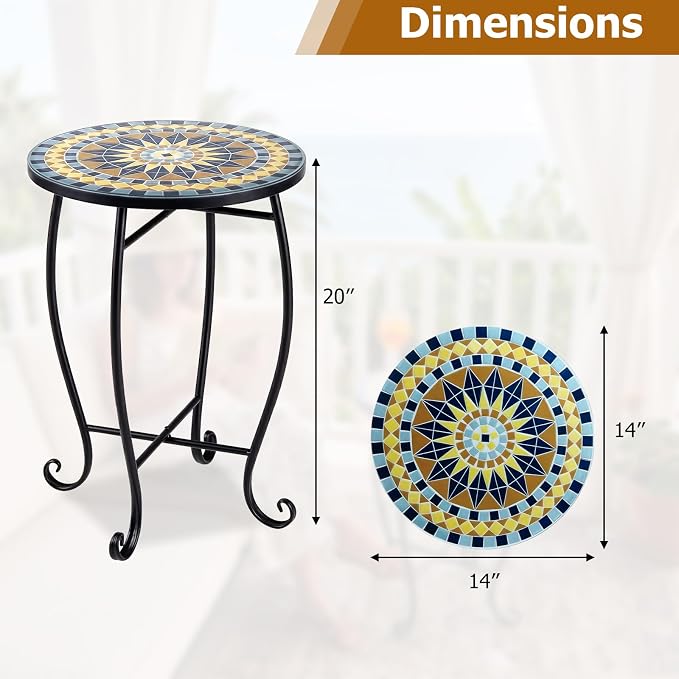 Giantex Outdoor Side Table, Bright Sunflower Mosaic Patio Accent Table, 14" Coffee End Table, Indoor Outdoor Metal Plant Stand for Porch Garden Balcony Desk