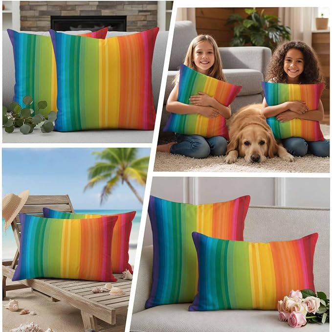 Colors Striped Outdoor Pillow Covers Set of 2 Rainbows Gradients Yellow Red Abstract Waterproof Throw Pillow Cover Decorative Cushion Cases for Patio Porch Garden 18X18 Inch