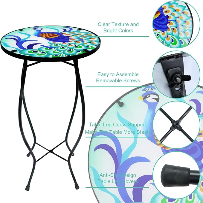 Arbuxzuy 2PCS 12 Inch Small Outdoor Side Table with Colorful Peacock, Glass Mosaic Patio Table Indoor, Round Plant Coffee Table for Living Room, Balcony, Garden