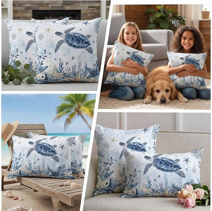 Pack of 2 Blue Turtle Coastal Outdoor Pillow Covers Decorative, Beach Starfish Waterproof Pillow Protector, Nautical Coral Botanical Throw Pillowcases Accent Cushion Cases for Patio Couch Sofa 16"x16"