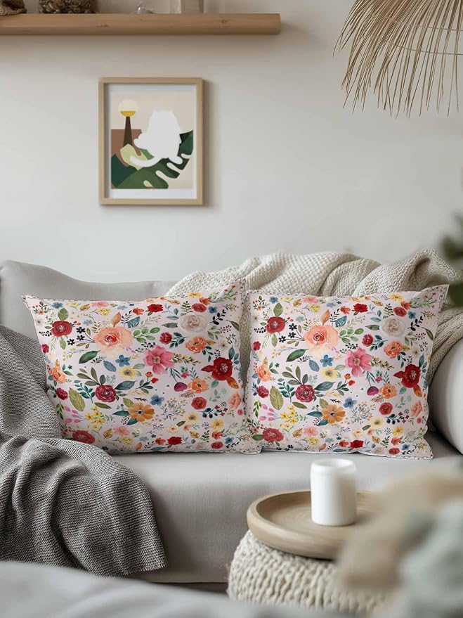 Outdoor Waterproof Throw Pillows Watercolor Leaf Colorful Bloom Floral Patio Pillows,Decorative Pillow Covers with Insert,Pillow Cushion Case for Garden Couch Sofa Vintage Country on Pink