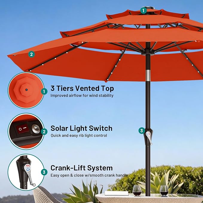 AreShark 9ft 3 Tiers Patio Umbrella with Solar Lights, Outdoor Umbrella w/ 32 LED Lights&8 Sturdy Ribs, Table Umbrella for Deck, Backyard, Pool (Orange)