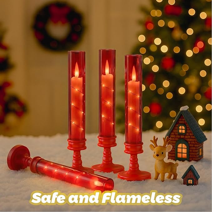 6 PCS Flameless Candles with Timer, Flickering Flameless LED Pillar Candles for Romantic Ambiance with Embedded Star String, Acrylic Battery Perated Fake Candles for Home Decoration (Red)