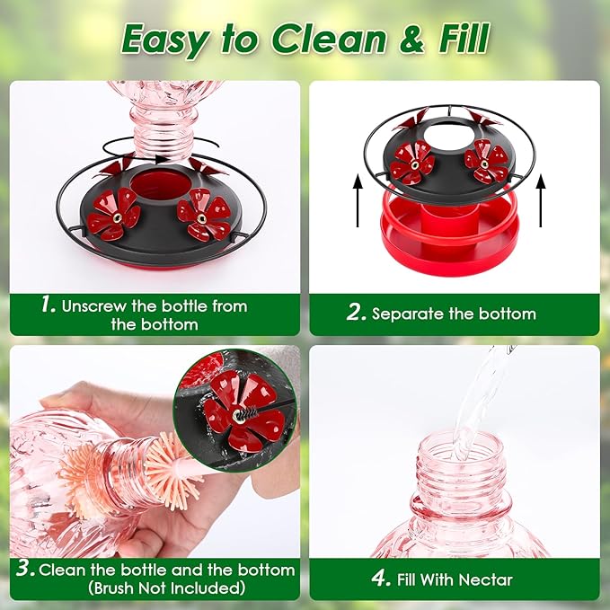 Glass Hummingbird Feeder for Outdoors Hanging, 20oz Bird Nectar Feeder with 4 Bee Guard Flower-Shaped Ports & Built-in Ant Moat, Easy to Clean, for Bird Lover,1 Pack, Pink