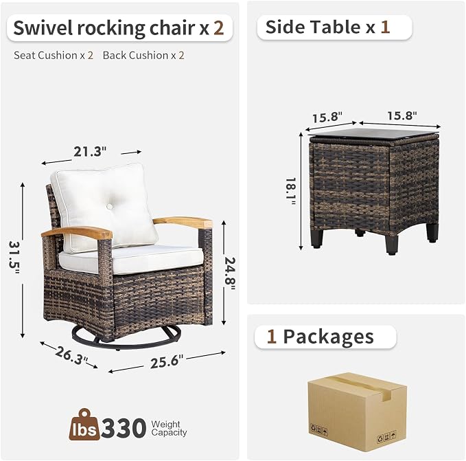 MEISSALIVVE 3 Piece Outdoor Swivel Rocking Chairs, Patio Furniture Bistro Set with 360° Wood Armrests Swivel Glide Chairs and Side Table for Deck Yard and Poolside (Beige)