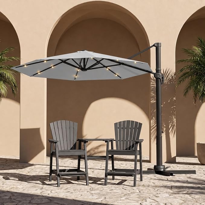 Kingdura 9ft Cantilever Patio Umbrella with Base Included & Solar Lights, Large Round Metal Outdoor Offset Umbrella with 360-degree Rotation, 4 Position Tilt, UV Protection for Pool Deck Patio (Light grey)