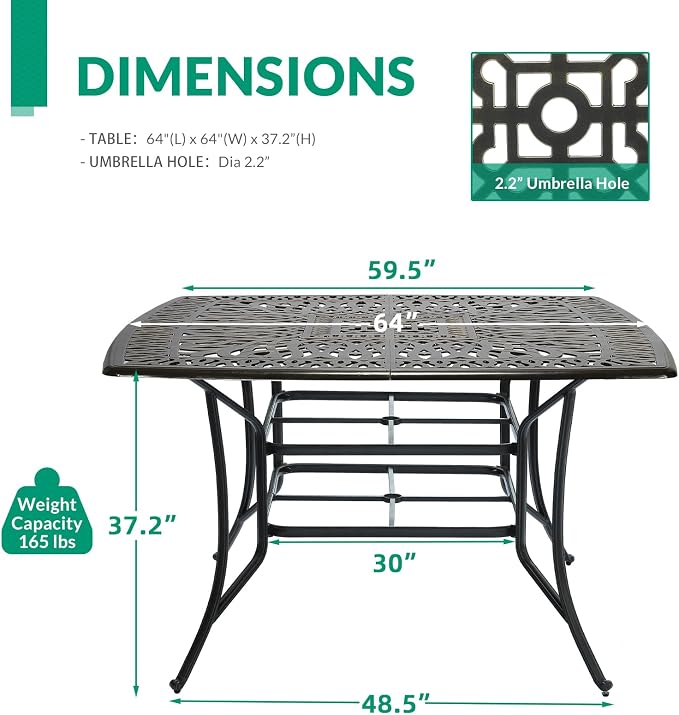 VIVIJASON Patio Cast Aluminum High Bar Table for 6-8, Outdoor 64" Large Square High Dining Table with 2.2" Umbrella Hole, Weather-Resistant Patio Dining Table for Deck Garden Backyards, Dark Bronze