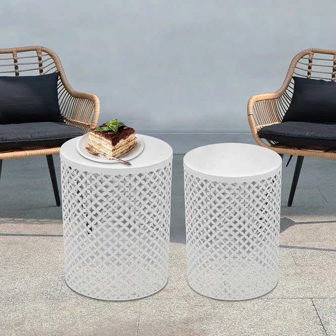 Cylindrical Outdoor Side Tables Set of 2, Metal Frame Accent Table End Table, Vintage Side Tables for Patio Gardens Balconies Cafes Parks (2, White)