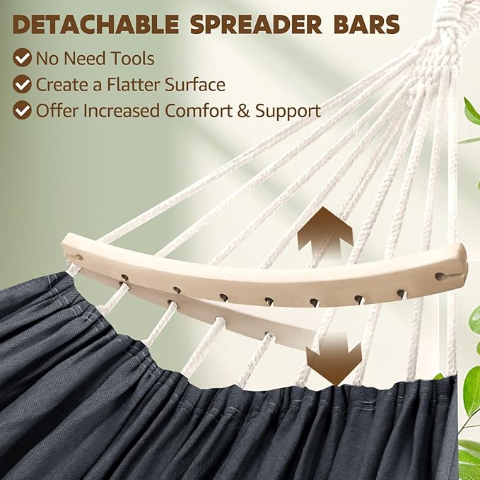Chihee Cotton Hammock Holds Up to 660lbs Fabric Hammock 8.9x4.9ft Soft Portable Tree Hammocks Camping with Detachable Spreader Bar Pillow 2 Strong Webbings 2 Carabiners Indoor Outdoor Backyard Garden