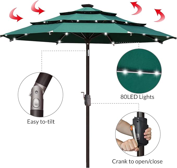 EliteShade USA 10-Year-Non-Fading 9ft 3-Tier Market Patio Umbrella, Commercial Table Umbrella with 80 Solar LED Lights, Crank Open, Windproof & UPF 50+ UV Protection for Garden, Deck, Pool, Backyard, Forest Green