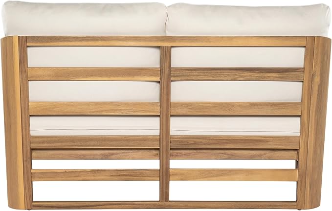 Christopher Knight Home Meiko Patio 2 Pieces Conversation Set, Acacia Wood Loveseat with Cushion and Coffee Table, Slat Panel Outdoor Sofa and Rectangular Table for Backyard Garden, Teak+Beige