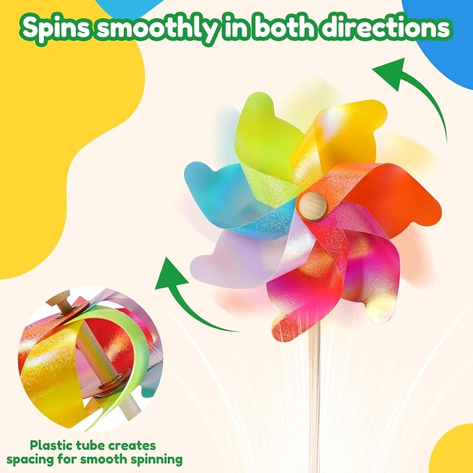 IilLittle 10 Pack Rainbow Pinwheel, Pinwheels for Kids | Assembly Instructions Included, Easy Assembly, Wooden Pole, PP Plastic, Waterproof, Sturdy
