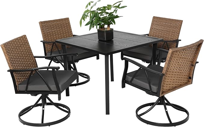 GDFStudio 5-Piece Patio Dining Set,Outdoor Wicker Furniture Set with Swivel Rocker Chairs,Square Steel Table with Umbrella Hole, Cushioned Seating with Removable Covers for Garden,Poolside,Brown Gray