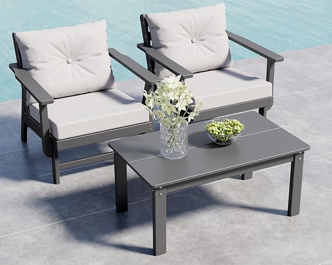 GREENVINES 3-Piece-Patio-Furniture-Set | HDPE Plastic | Outdoor Sectional Conversation Sets | All-Weather Couch | Sofa with Coffee Table | Detachable Armrests | for Deck Lawn | Gray