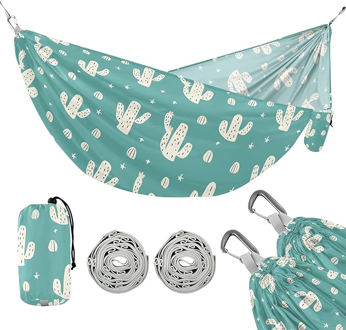 Camping Hammock Outdoor Hammocks for Outside Cactus Green Beach Trees Portable Lightweight with Pockets Tree Straps Indoor