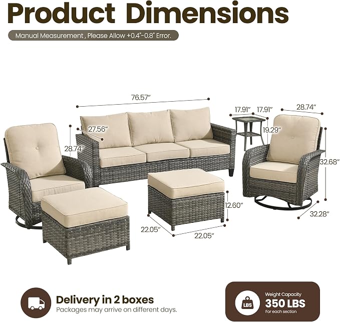 6 Piece Wicker Patio Furniture with Swivel Rocker Chair, Beige | High Back Swivel Rocker Chairs, Outdoor Sofa Ottoman, Heavy Duty, All Weather Rattan Modern Conversation Sets, Deck Backyard