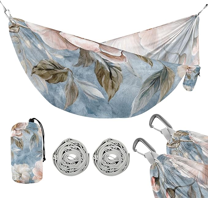 Blue and Pink Retro Romantic Flowers 330lb Capacity Outdoor Hammock with Portabl Carry Bag Cloth Hammock for Outside Patio Garden hamaca para adultos