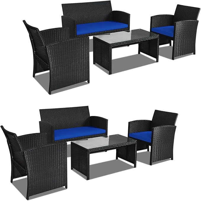 DORTALA 8 Pieces Patio Wicker Conversation Furniture Set, Outdoor Rattan Sofas with Bistro Sets with Coffee Table for Courtyard Balcony Wicker Chairs with Soft Cushion and Table, Navy