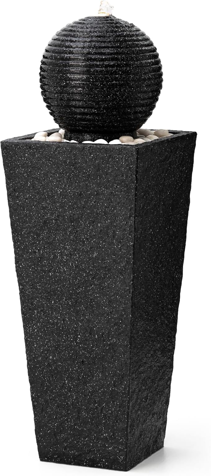 Glitzhome Outdoor Water Fountain, 40.25"H Modern Geometric Pedestal and Sphere Polyresin Waterfall Fountain, Outdoor Fountain with Pebbles, Pump and LED Light for Patio, Backyard, Garden, Deck(Black)