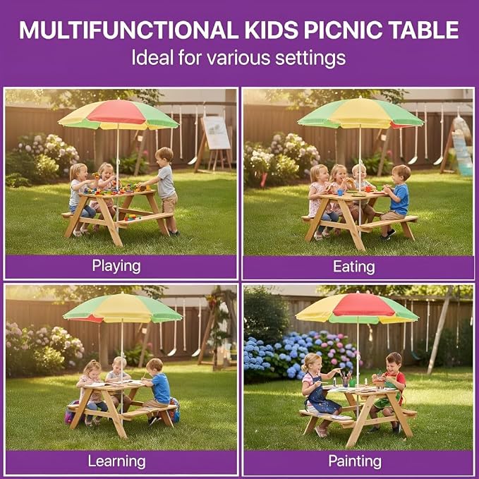 Plum® Wooden Kids Picnic Table - Outdoor Toddler Activity Table and Chair Set with Removable & Adjustable Umbrella, Built-in Bench, Backyard Furniture, Durable, Weatherproof, Easy to Clean, Ages 2+