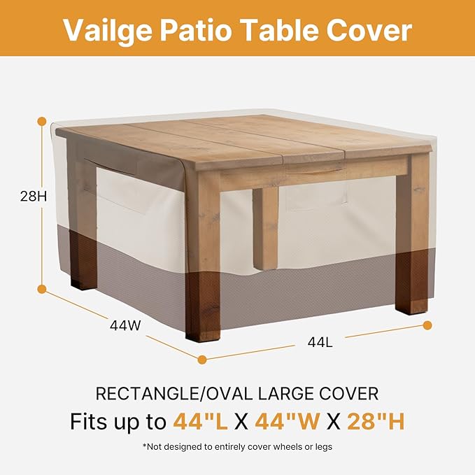 Vailge Rectangular/Oval Patio Table Cover, Heavy Duty and Waterproof Outdoor Lawn Patio Furniture Covers (Beige&brown, 44"Lx44"Wx28"H)