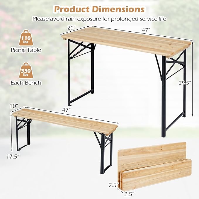 COSTWAY Folding Picnic Table, Foldable Fir Wood Picnic Table with Benches Set for 4 People, Wooden Beer Table Metal Frame for Outdoor BBQ Party, Garden, Backyard