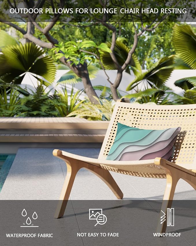 Outdoor Pillows Covers with Inserts Geometric Abstract Green Pink Gradient Waterproof Recliner Pillow with Adjustable Strap Throw Pillows for Patio Furniture Pool Lounge Chair, 11x16 inch, 1PCS