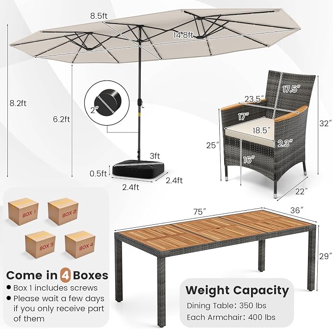Tangkula 11 Pieces Patio Dining Set with 15 ft Double-Sided Patio LED Umbrella (Base Included), Outdoor Rattan Furniture Set with 8 Armchairs, 1 Rectangular Acacia Wood Dining Table