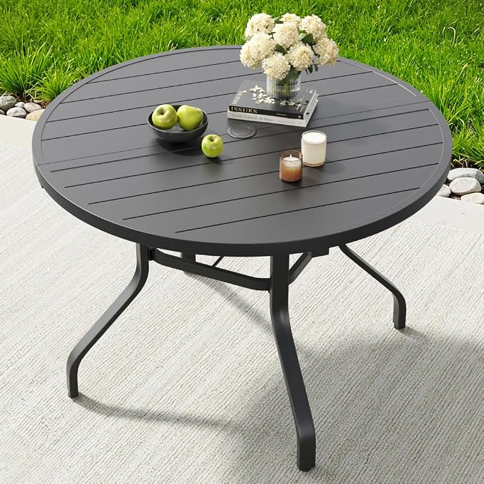 41" Round Outdoor Dining Table, Wood-Like Grain with 1.57" Umbrella Hole, for Backyard and Poolside (Black + Metal & Wood)