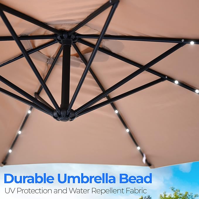 SereneLife 10ft Patio Table Umbrella, 6 Sturdy Ribs with Push Button Tilt and Solar LED Lights, Easy Close Open Crank, Outdoor Furniture for Garden Lawn Deck Pool Beach, Cross Base Included