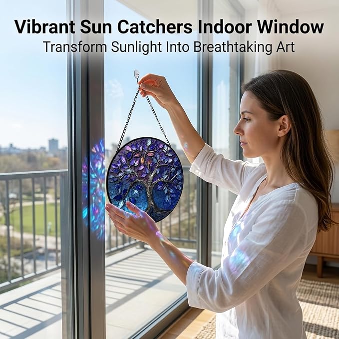 Birthday Gifts for Women - Blue Tree of Life Faux Stained Glass Window Hanging Sun Catcher for Door Garden Acrylic Decor Mother's Day Christmas for Mom Nana Grandma Sisters Wife 6.3"
