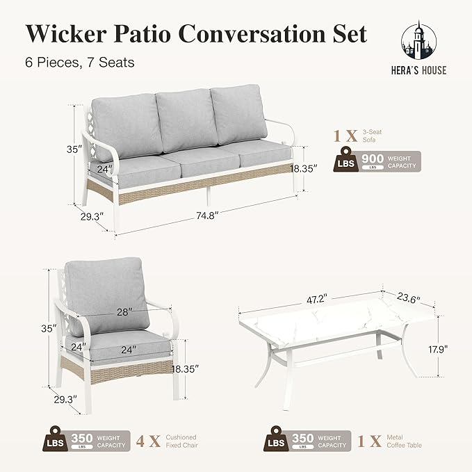 HERA'S HOUSE 6 Piece Metal Patio Furniture Set, All Weather Outdoor Conversation Set with 3-Seat Sofa, 4 Fixed Chairs & Coffee Table, 7 Seats for Backyard, Garden, Deck, White/Grey