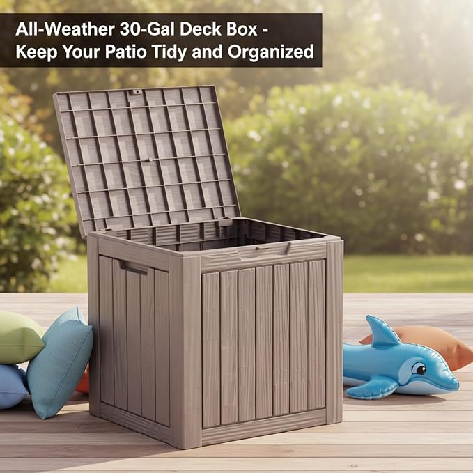 30 Gallon Resin Deck Box with Lockable Lid - Outdoor Waterproof Storage for Patio Furniture, Garden Tools, Cushions & Pool Accessories, Wood Grain Design, All-Weather Durable (Grey-brown, 1 Pack)