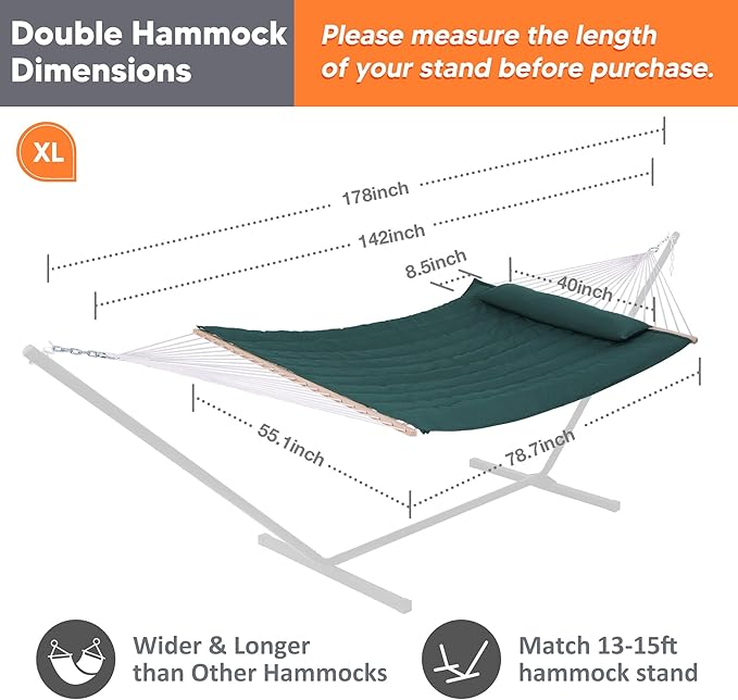 SUNCREAT Hammocks 2 Person Hammock with Hardwood Spreader Bar, Double Rope Hammock with Polyester Pad, Dark Green